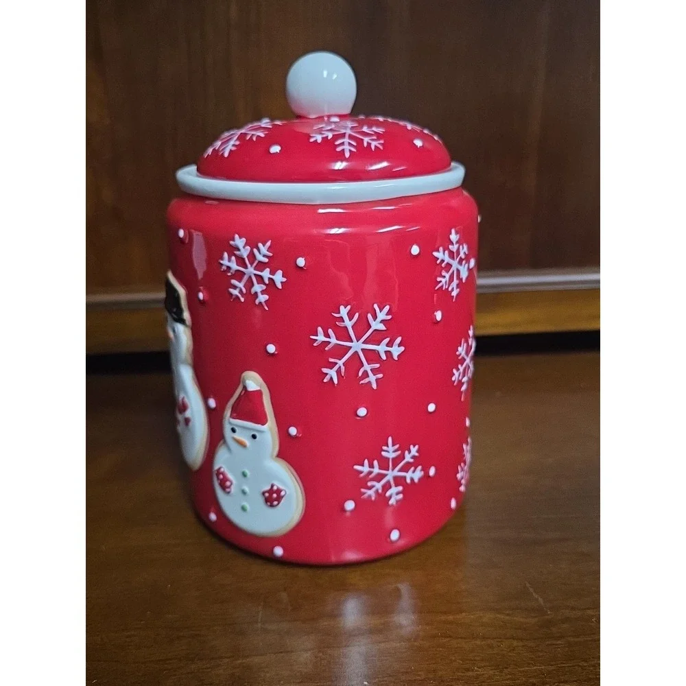Red Christmas Cookie Jar‎ Hallmark Snowman Holiday Snowflake Candy Cane